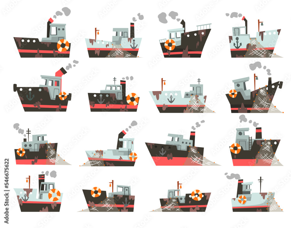 Fishing boats set. Trawler, steamer with fishing nets cartoon vector illustration - obrazy, fototapety, plakaty 