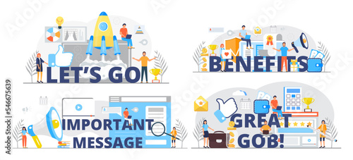 Benefits concept illustration vector. Great job big text. Important message banner f