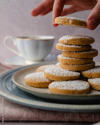 Vertical shot of appetizing fresh vanilla biscuits with sugar powder sprinkled on top