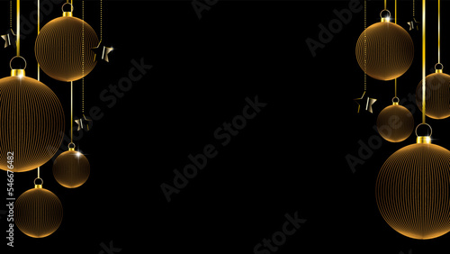 Christmas banner or template background with elegant tree ornaments baubles in golden wireframe on black and shiny star ornaments.
