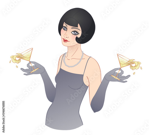 Art Deco vintage illustration of flapper girl with a drink. Retro party character in 1920 s style. Vector design for glamour event or jazz party.