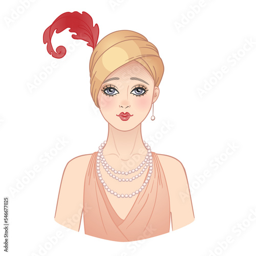 Art Deco vintage illustration of flapper girl. Retro party character in 1920 s style. Vector design for glamour event or jazz party.