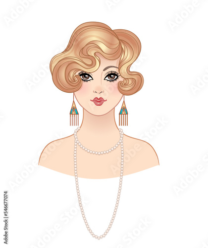 Art Deco vintage illustration of flapper girl. Retro party character in 1920s style. Vector design for glamour event or jazz party.