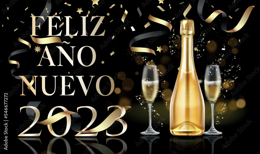 tarjeta o pancarta para desear un feliz año nuevo 2023 en oro sobre fondo negro con una botella de alcohol y dos tazas y alrededor de cinta, lentejuelas, estrellas doradas y círculos en efecto bokeh - obrazy, fototapety, plakaty 