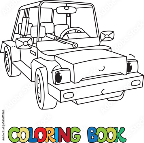 Funny small car with eyes. Coloring book