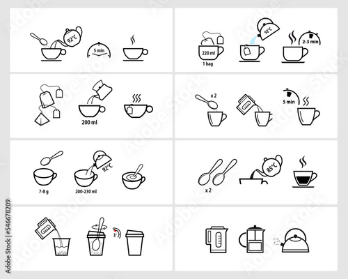 Set of methods of brewing tea. Preparation instructions. Vector elements for infographics. Set of sign for detailed guideline. Ready for your design.	