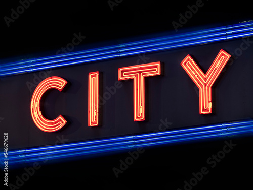 Valokuvatapetti CITY sign board letter words neon