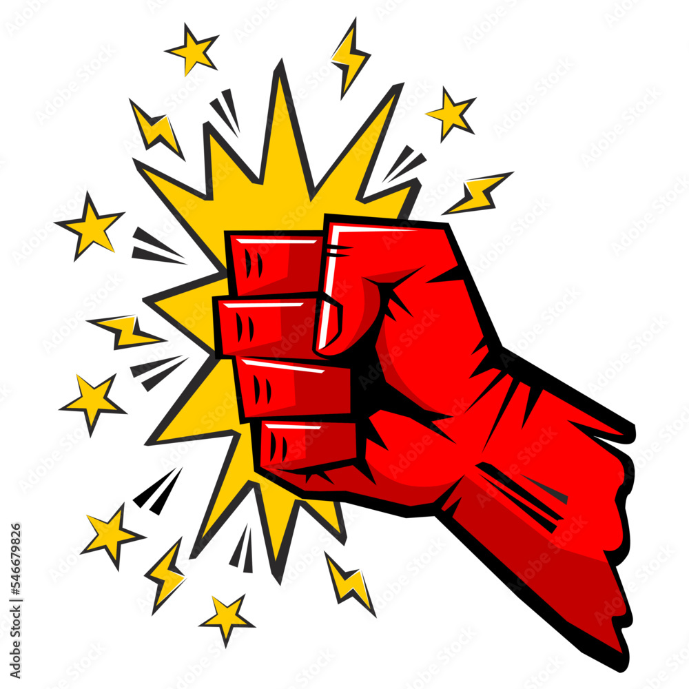 Crushing blow fist, strong punch drawn in comic style. Fist punching