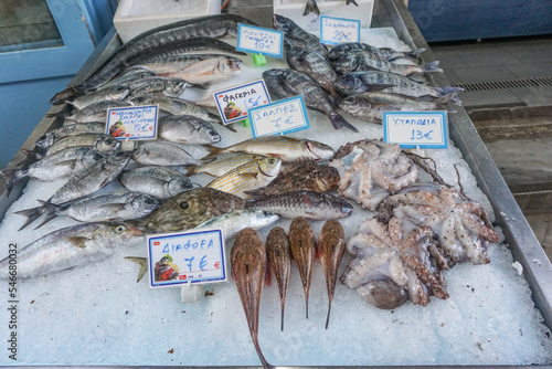 Hermoupolis, Syros, Greece: Various fish and octopus on ice at a market in Ermoupoli (Hermoupolis), on the Aegean island of Syros. photo