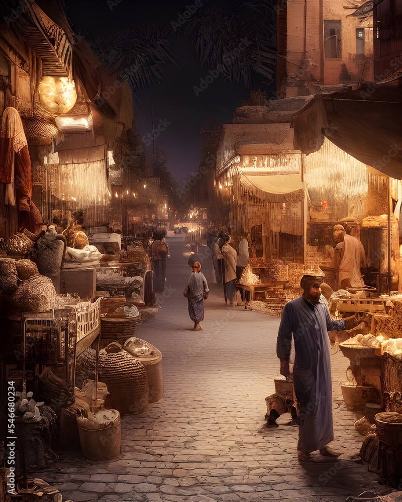 illustration busy street inside a ancient mesopotamian village, night time, roadside, middle eastern style