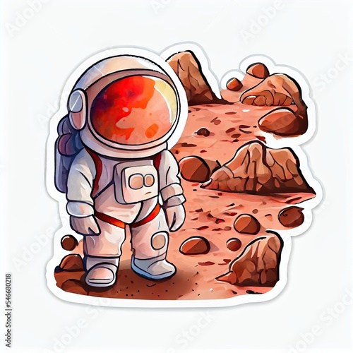 Cute astronaut on Mars logo sticker art cartoon
