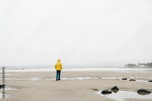 f boy with yellow coat on the seaside on Maine  photo