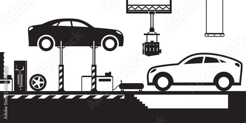 Car service with stand and canal - vector illustration