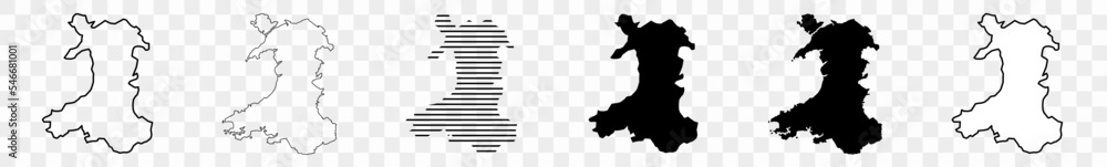 Fototapeta premium Wales Map Black | Welsh Border | State Country | Transparent Isolated | Variations