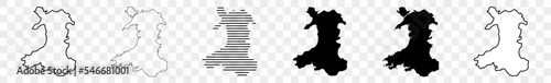 Wales Map Black | Welsh Border | State Country | Transparent Isolated | Variations