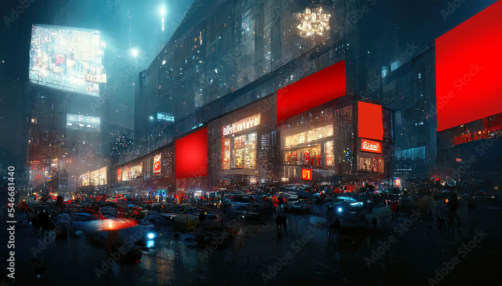 Night city with neon signs, city of discounts and black friday. Dark streets with shops, neon lights. Night city with neon signs, city of discounts and black friday. Dark streets with shops, neon lights.