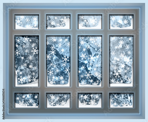 Merry Christmas winter window with hoarfrost banner, vector illustration