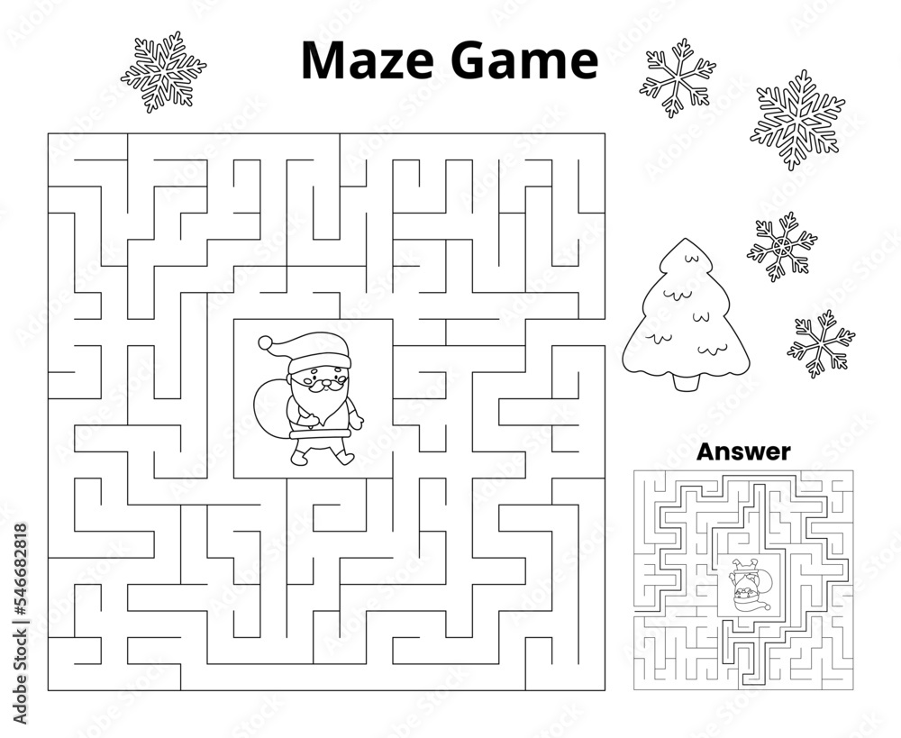 Christmas maze game. Winter coloring page. Help the Santa find right