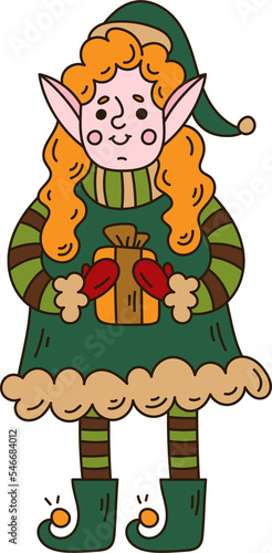 Elf girl Santa's assistant cute doodle character.