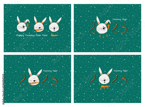 greeting vector inscription happy yummy new year 2023 with humor with a funny bunny with a bitten carrot