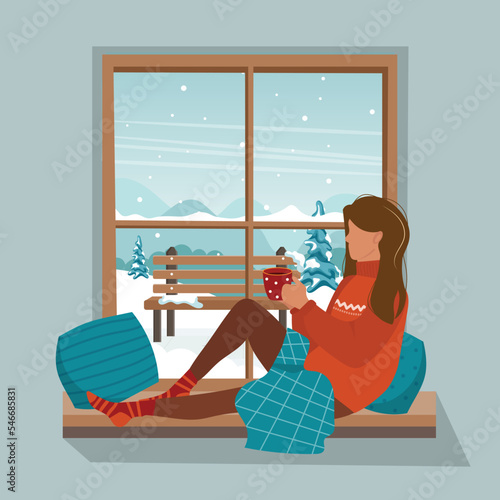 Cozy winter illustration with cute girl sitting on a windowsill with a cup, small-knit blanket. Window overlooking the village. Comfortable lifestyle. Flat style hand drawn vector. Girl next to window