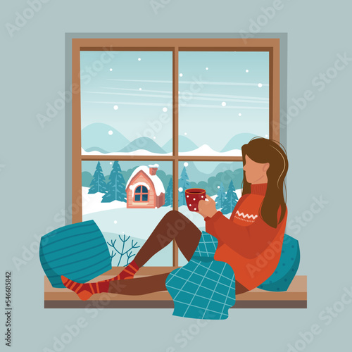 Cozy winter illustration with cute girl sitting on a windowsill with a cup, small-knit blanket. Window overlooking the village. Comfortable lifestyle. Flat style hand drawn vector. Girl next to window