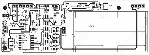 Tracing the conductors of a printed circuit board.
Vector drawing a1 of printed tracks, transition holes,
contact pads and copper metallization areas.
Silkscreen printing, assembly drawing.