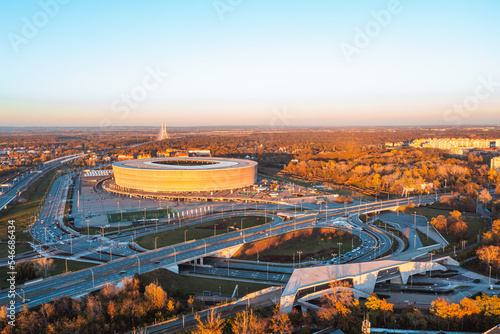 Aerial view of Wroclaw Stadium at sunset in autumn, Wroclaw city panorama, beautiful autumn landscape, Wroclaw, Poland