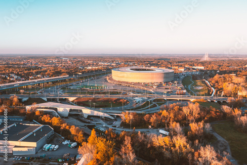 Aerial view of Wroclaw Stadium at sunset in autumn, Wroclaw city panorama, beautiful autumn landscape, Wroclaw, Poland