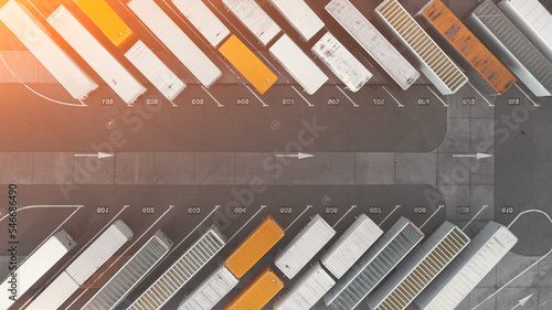 Aerial view of trucks in a distribution center, a large logistics center