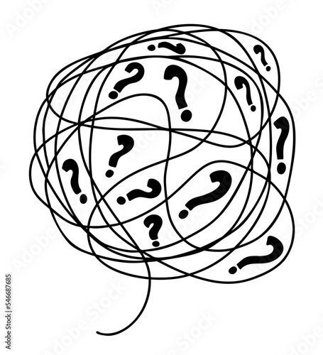 Big tangle of bubbles of confused thoughts with question marks. Vector linear drawing doodle. Psychological concept of problem solving