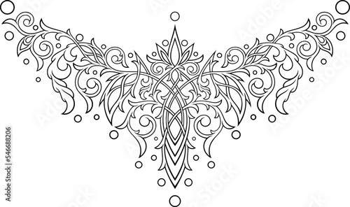 Victorian Gothic ornamental pattern. Tattoo under breast, necklace, bracelet, on the back. Intricate design and decor. Highly detailed and accurate lines for print or engraving