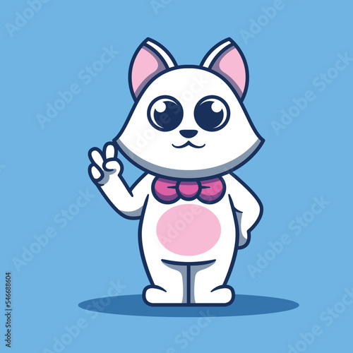 White cat character design with peaceful pose. Flat cartoon style.