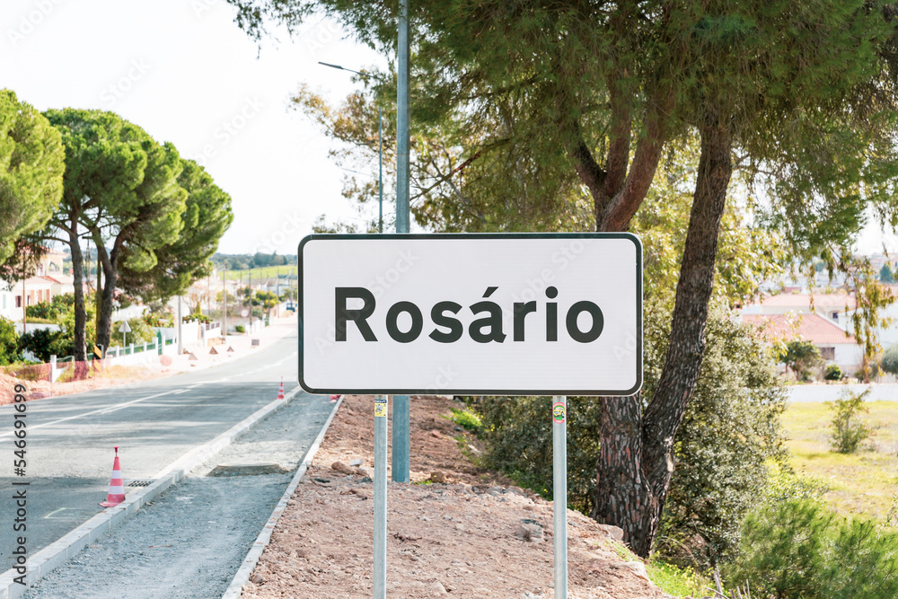 town entry sign at Rosário, municipality of Almodovar, Alentejo, Portugal