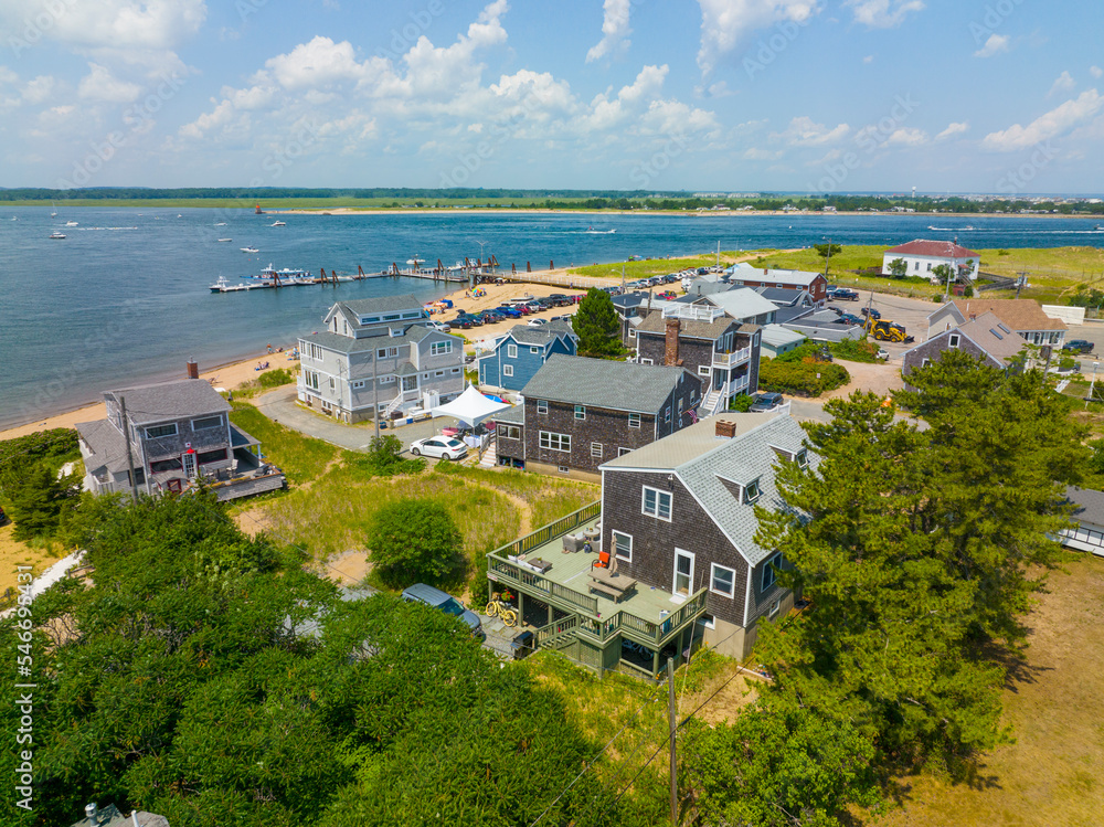 Historic waterfront house aerial view on Merrimack River on Plum Island in city of Newburyport, Massachusetts MA, USA. 