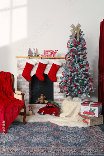 Christmas Living room set up by the fireplace