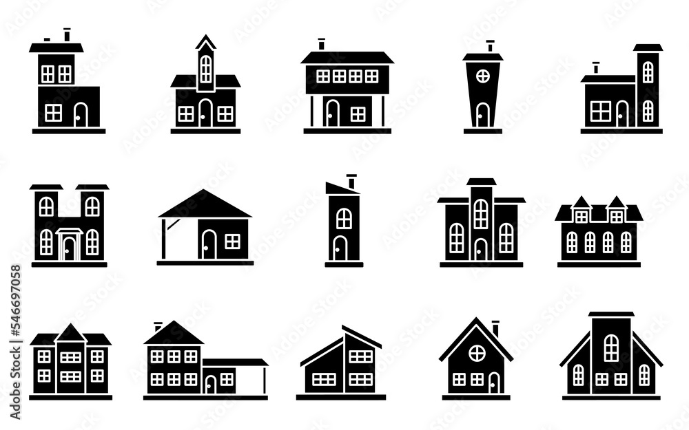 Houses exterior front view flat icon set. Residential townhouse building apartment. Home facade with doors and windows. Various shape urban suburban town house cottage black silhouette on white