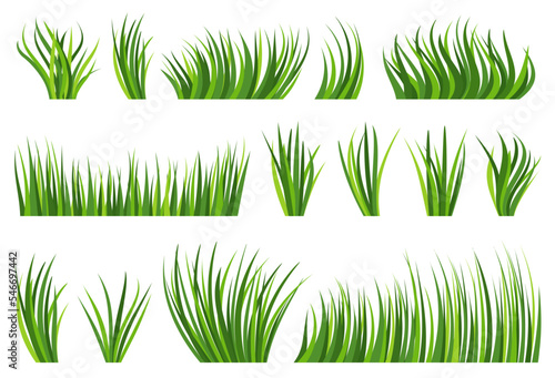 Green grass natural organic lawn flat set. Eco plant fresh bush. Different shape spring herbal turf on white background. Summer bio herb meadow. Greenery leaves cartoon icon. Foliage landscape border