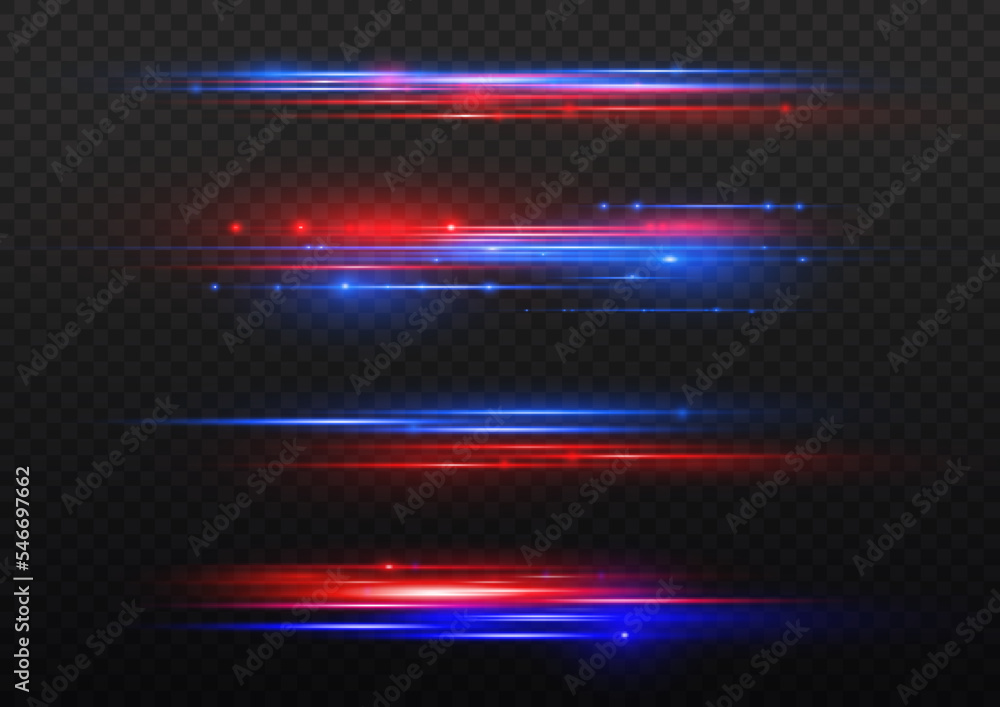 Beautiful glow light flare and spark. Red blue special effect, speed police line. Magic of moving fast lines. Laser beams, horizontal light rays. Particle motion effect. Vector illustration. - obrazy, fototapety, plakaty 