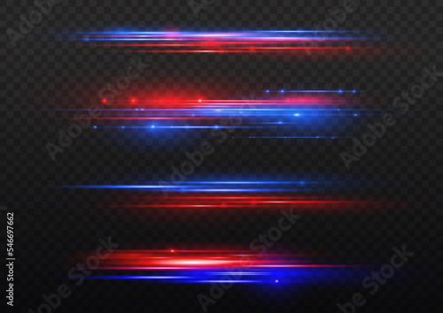 Beautiful glow light flare and spark. Red blue special effect, speed police line. Magic of moving fast lines. Laser beams, horizontal light rays. Particle motion effect. Vector illustration.