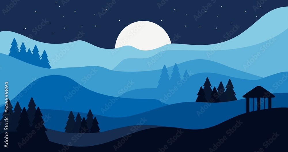 Obraz premium blue gradient mountains and trees wave background illustration