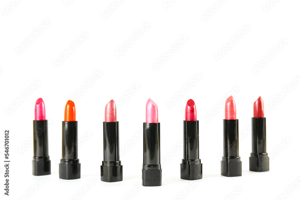 Close up shot of a single glossy lipstick isolated on white background with a lot of copy space for text. Close up shot of a single glossy lipstick isolated on white background with a lot of copy space for text.