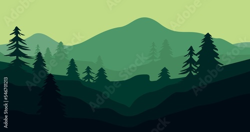 green gradation mountain and trees nature background illustration