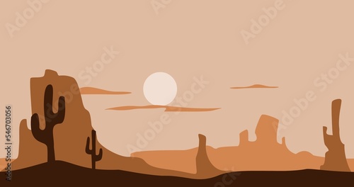 illustration of natural background of rocky mountains and cactus on a barren plain