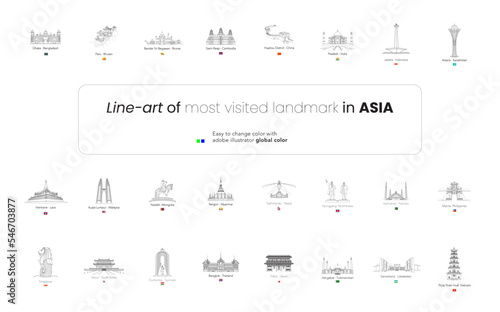 Line art of most visited landmark places in Asia