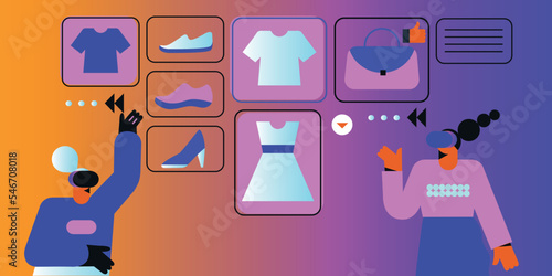Shopping in virtual Reality. Women in Goggles purchasing online. Metaverse flat vector illustration. Concept of future innovations.