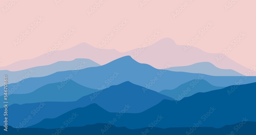 illustration of a blue gradient mountain nature background with a magenta sky