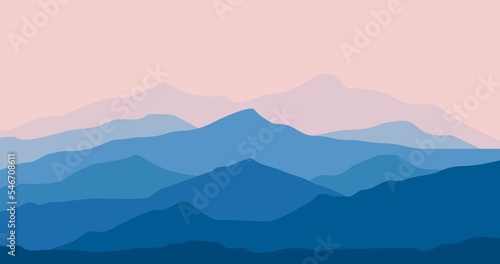 illustration of a blue gradient mountain nature background with a magenta sky © adi