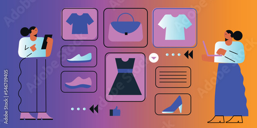 Shopping in virtual Reality. Women in Goggles purchasing online. Metaverse flat vector illustration. Concept of future innovations.