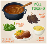 Mole poblano with ingredients vector icons set. Collection of pollo con mole poblano mexican food cartoon illustrations